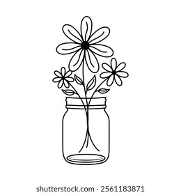 Black and White Minimalist Daisy Bouquet in a Jar, Decorative Botanical Illustration