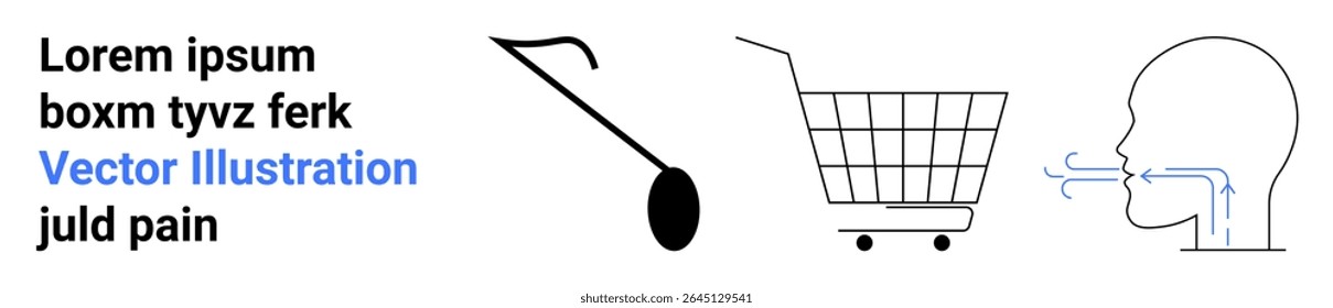 Black and white minimalist design with abstract elements, including a cane, shopping cart, and head with arrows. Ideal for conceptual themes, simplicity, and abstract art. Banner for landing page