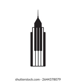 A black and white minimalist design featuring a building with piano keys as window panes and a spire on top