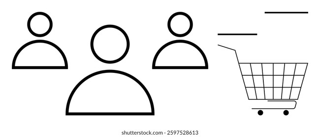 Black and white minimalist design with three people icons and a shopping cart on the right. Ideal for online shopping e-commerce customer demographics market research and consumer behavior analysis