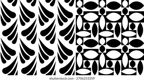 Black and White Minimalist Geometric Patterns Vertical Stripe Motif and Abstract Grid with Oval Leaf Shapes