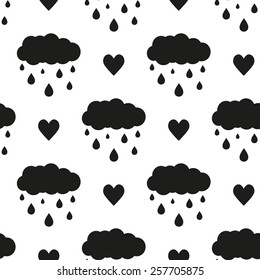 Black and white minimalist heart and cloud seamless pattern for nursery wallpaper. Set of isolated funny cute decorative symbols and elements. Chess grid order pattern.