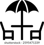 Black and white minimalist icon featuring a patio umbrella with two chairs, representing outdoor leisure, dining, and recreation in a simple and stylish design.