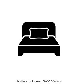Um ícone minimalista preto e branco ilustrando uma cama com um travesseiro, ideal para representar temas de sono, móveis ou quartos em design gráfico ou elementos da Web.