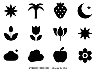 Black and white minimalist icon set featuring nature, celestial elements, and simple shapes