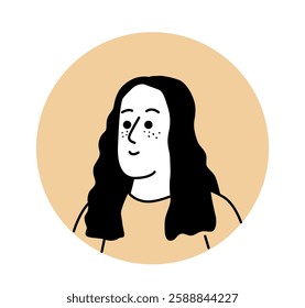 Black and white minimalist illustration of a woman with freckles and long hair, wearing a simple shirt. The portrait is set against a beige circular background. Vector illustration