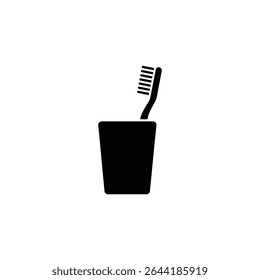 Black and white minimalist image displays a toothbrush standing in a cup, presenting a simple graphic for dental hygiene and oral care concepts.