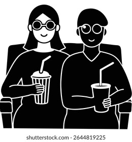 A black and white minimalist image showcases a smiling, bespectacled couple enjoying drinks while seated together, with a transparent background.