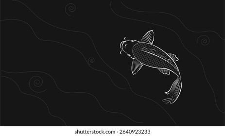 Black and white Minimalist Koi Fish Line Art Illustration for Wall Art and Elegant Background Design