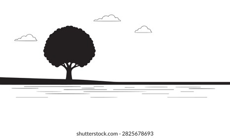 Black and white minimalist landscape featuring a tree silhouette reflected in water under sparse clouds.