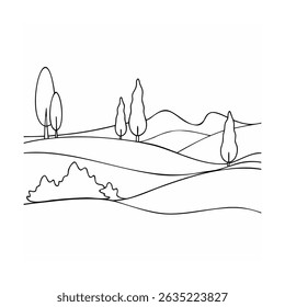 Ilustración vectorial de paisaje minimalista en blanco y negro con colinas y árboles