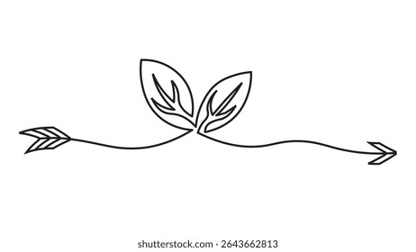 Black and white minimalist line art illustration featuring a pair of arrows intersecting through two overlapping leaves, symbolizing nature, direction, and simplicity.