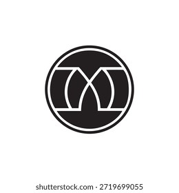 Logotipo minimalista en blanco y negro con un símbolo estilizado dentro de un marco circular. El símbolo consta de dos líneas curvas que se cruzan en la parte superior e inferior, creando una forma simétrica.