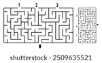 Black and White Minimalist Kids’ Maze Puzzle – Easy Rectangular Labyrinth with Three Entrances and One Exit, Includes Solution