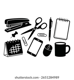 Black and white minimalist office supplies stapler scissors pen notepad calendar paper clips thumbtack smartphone mouse mug