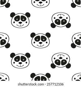 Black and white minimalist Panda seamless pattern for nursery wallpaper. Set of isolated funny cute decorative symbols and elements. Chess grid order pattern.