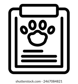 Black and white minimalist pet care document icon with paw print and clipboard, perfect for veterinary services, recordkeeping, and medical insurance management