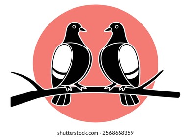 Black and White Minimalist Pigeon Couple on Branch Vector Illustration