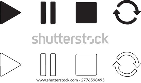 Black and white minimalist play, pause, stop, rewind, fast forward, square, circle