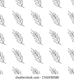 Black and white minimalist seamless pattern witn leaves. Floral doodle background. Hand drawing outline vector illustrarion.