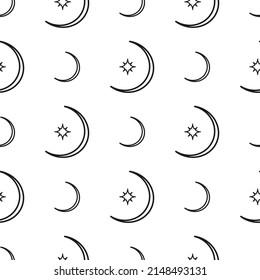 Black and white minimalist seamless pattern with outline crescent moon and stars.