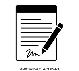Black and white minimalist smartphone icon with a document and pen