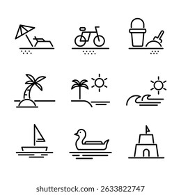 Black and white minimalist summer icons. Use to decorate presentation or your design, print screen.