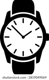 Black and white minimalist vector art of a wristwatch featuring a round face with hour markers and hands on a plain background.