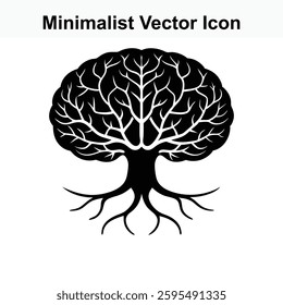 Black and White Minimalist Vector Icon of a Tree with Roots and Branches