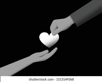 black and white Minimalist vector illustration of charity, people hand giving and hand received love and donation.