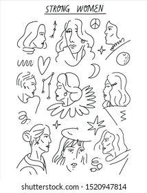 Black and white minimalist vector illustration with girls and text. Simple line portraits with different elements including arrow, heart, peace sign. Strong women related image.