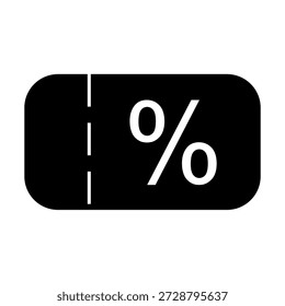 Ilustración vectorial minimalista en blanco y negro de un bono descuento o billete de Cupón con un símbolo porcentual. Diseño plano sencillo para App y Sitios web.