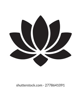 Black and white minimalist vector illustration of a lotus flower with clean geometric petals and symmetrical design.