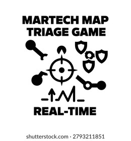 Black and white minimalist vector illustration of a martech triage game concept with target and real-time clock icons.