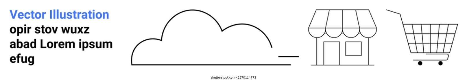 Black and white minimalist vector showing a cloud, storefront, and shopping cart. Ideal for e-commerce, cloud computing, online retail, shopping services, and internet technology. Banner for landing