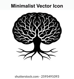 Black and White Minimalist Vector Tree Icon with Intricate Branches and Roots