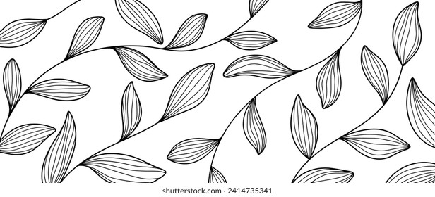 Black and white minimalistic abstract botanical background with branches and leaves. Background for coloring books, wallpapers, cover designs.