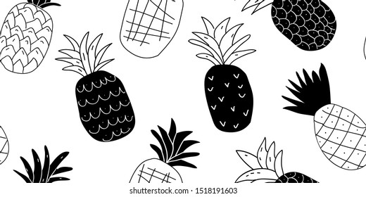 Black and white minimalistic abstract pineapples seamless pattern. Black and white stylish tropical doodle vector pattern. Kids pattern in scandinavian style