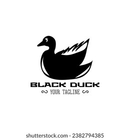 Black and white minimalistic duck logo with text on white background	