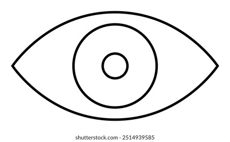 Desenho de linha minimalista preto e branco de um olho com uma pupila central e íris circular. Ideal para simbolismo, visão, design, temas minimalistas e ópticos. Preto e branco, estilo minimalista.