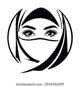 Black and white minimalistic lines eyes of a woman wearing a niqab. Muslim womans face silhouette. With hicab. Isolated vector design on white background.