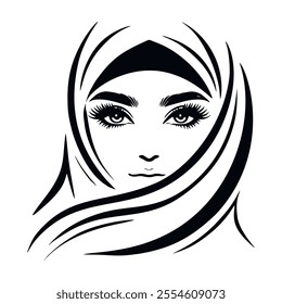 Black and white minimalistic lines face and eyes of a woman wearing a niqab. Muslim womans face silhouette. With hicab. Isolated vector design on white background.