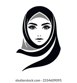 Black and white minimalistic lines face  of a woman wearing a niqab. Muslim womans face silhouette. With hicab. Isolated vector design on white background.