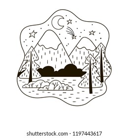 Black and white minimalistic mountain landscape with spruces.