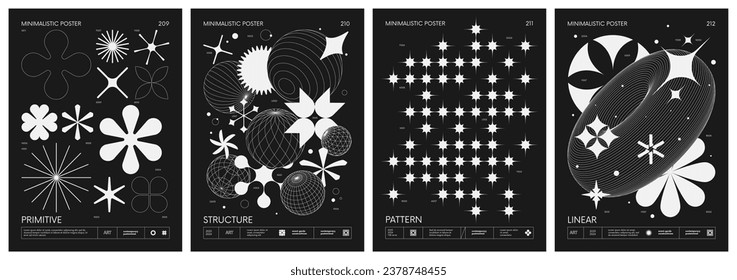 Black and White minimalistic Posters acid style with strange wireframes geometrical shapes and silhouette y2k basic figures, futuristic design inspired by brutalism, set 53