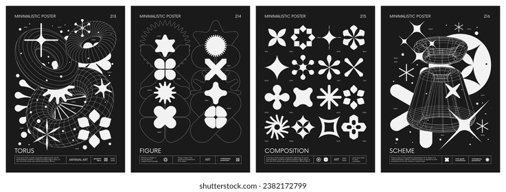 Estilo ácido de pósters minimalistas en blanco y negro con formas geométricas extrañas de alambres y silueta y 2k figuras básicas, diseño futurista inspirado en el brutalismo, conjunto 54