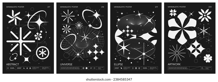 Black and White minimalistic Posters acid style with strange wireframes geometrical shapes and silhouette y2k basic figures, futuristic design inspired by brutalism, set 55