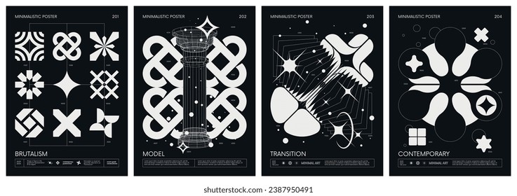 Black and White minimalistic Posters acid style with strange wireframes geometrical shapes and silhouette y2k basic figures, futuristic design inspired by brutalism, set 51