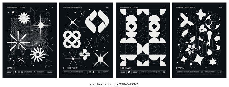 Black and White minimalistic Posters acid style with strange wireframes geometrical shapes and silhouette y2k basic figures, futuristic design inspired by brutalism, set 57