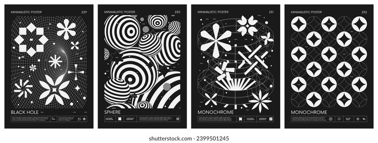 Black and White minimalistic Posters acid style with strange wireframes geometrical shapes and silhouette y2k basic figures, futuristic design inspired by brutalism, set 58